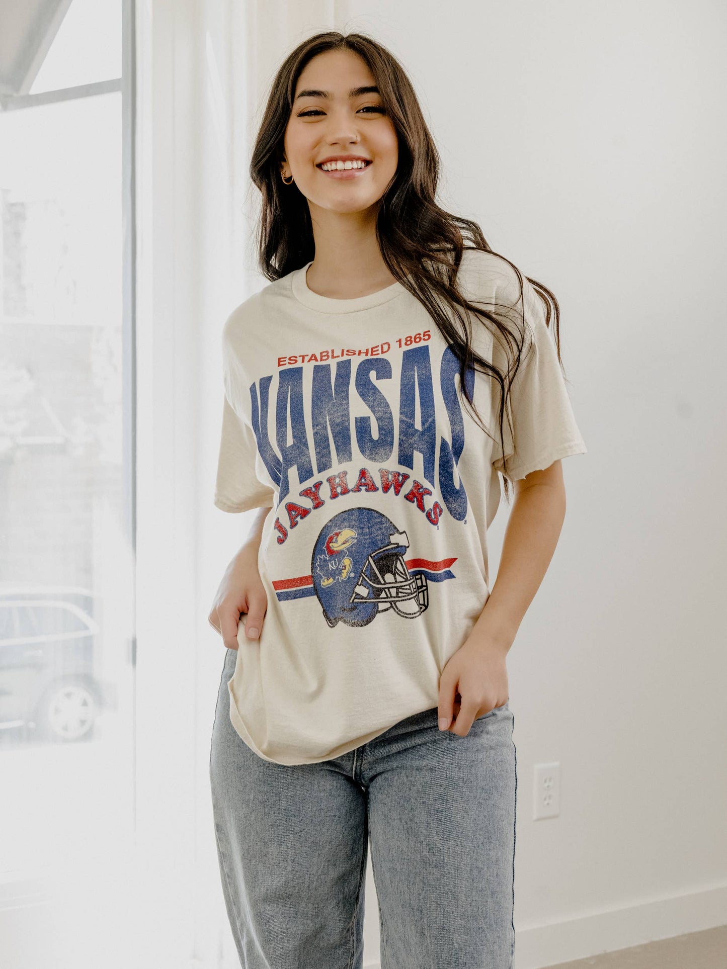 KU Jayhawks Established Date Helmet Off White Thrifted Tee