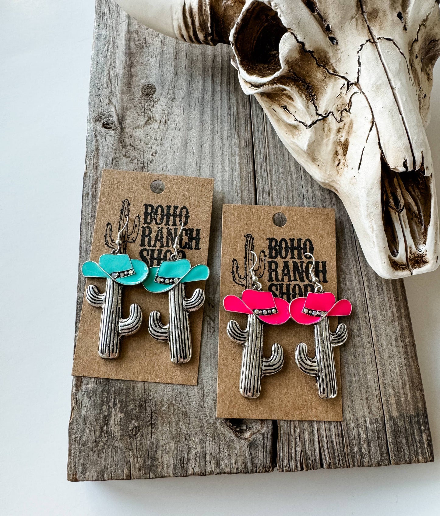 Cactus Cowboy Hat Dangle Earrings - pink - turquoise 