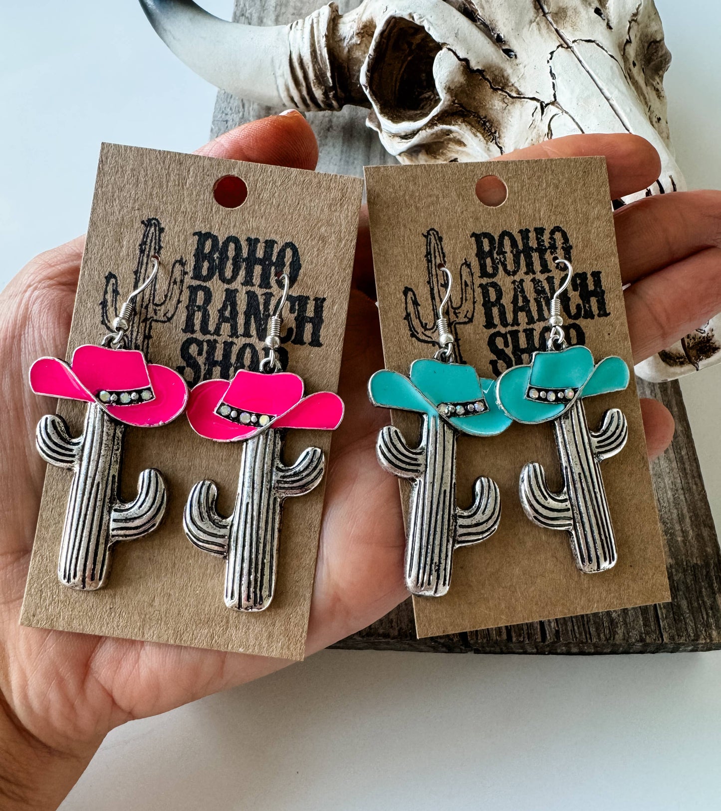 Cactus Cowboy Hat Dangle Earrings - pink - turquoise 