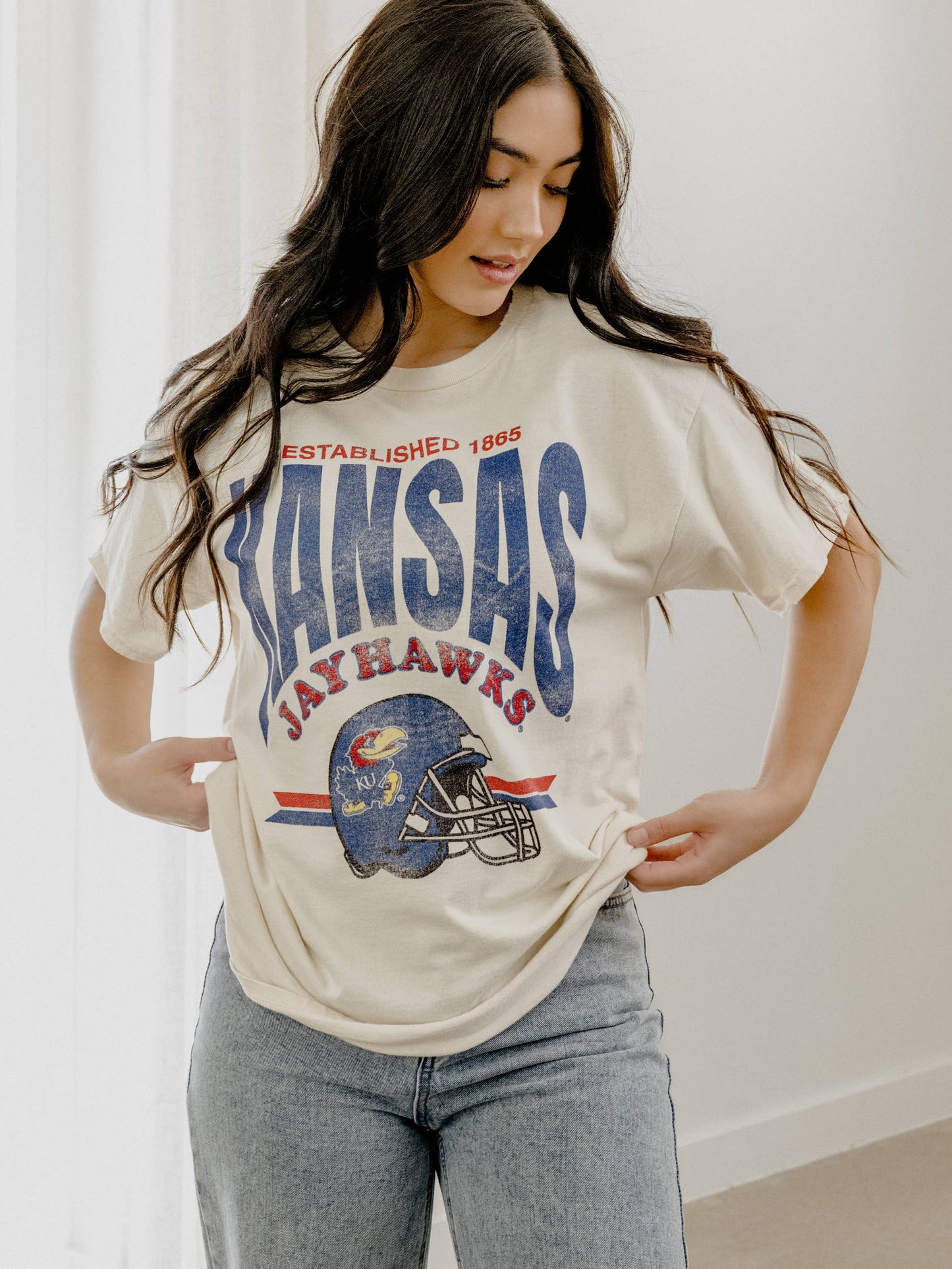 KU Jayhawks Established Date Helmet Off White Thrifted Tee