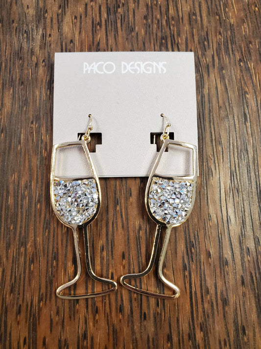 Wine Glass Earrings with Crystal Druzy Quartz