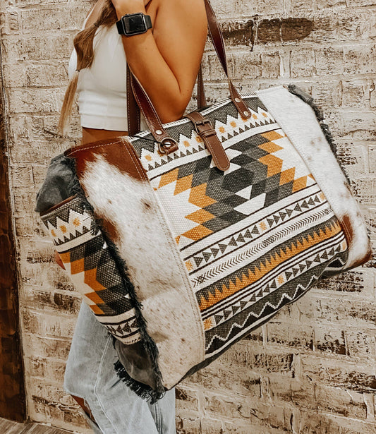 Aztec Western Cowhide Travel, Overnight Myra Weekender Bag