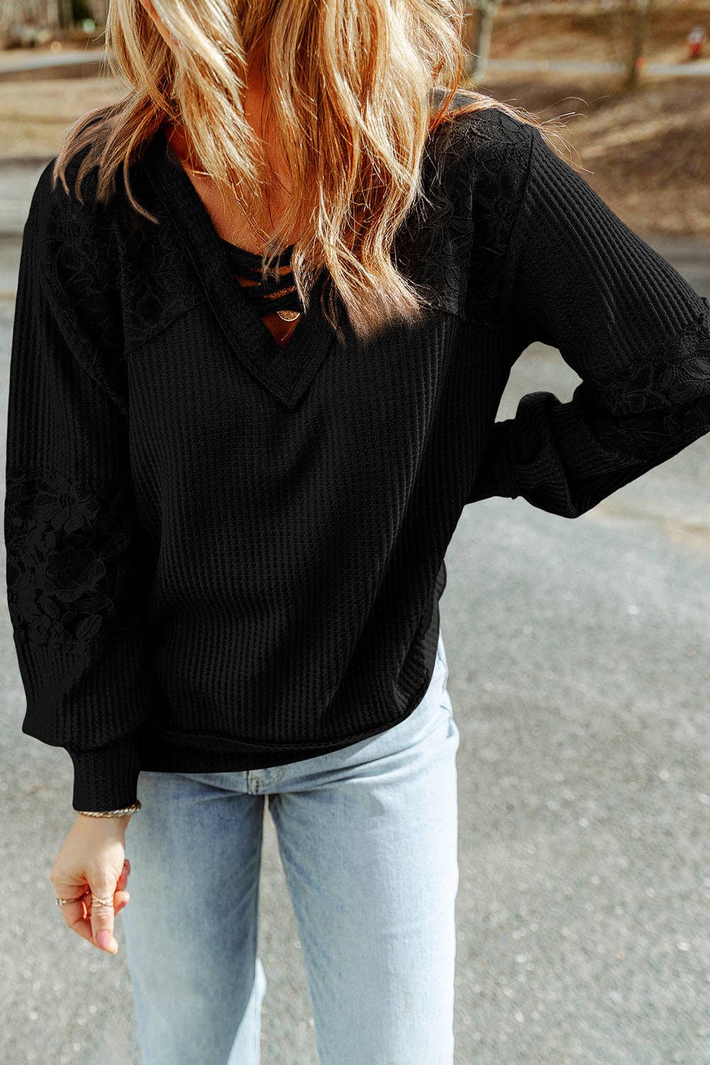 Lace Waffle Patchwork Strappy V Neck Long Sleeve Top