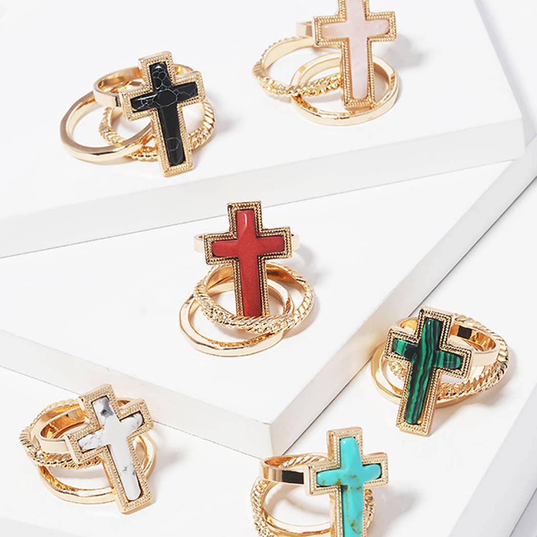 3PCS-Cross Semi-Precious Stone Ring Set