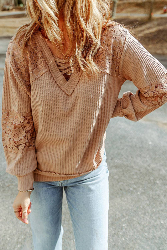 Lace Waffle Patchwork Strappy V Neck Long Sleeve Top