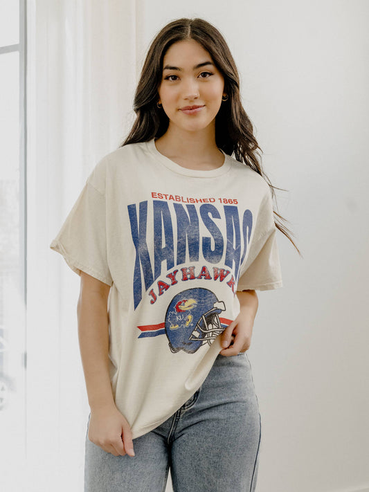 KU Jayhawks Established Date Helmet Off White Thrifted Tee